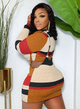 Fashion Stripe Rib Long Sleeve Top And Braces Skirt 2 Piece