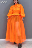 Plain Dress For Women Lapel Lantern Sleeve Patchwork Mesh High Waist Pocket Temperament Long Dresses Female 2023
