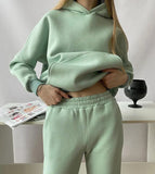 Thickened Fleece Hooded Sweatshirt and Pants Two Pieces Set Women Autumn Winter Warn Hoodies Casual Solid Sweatpants