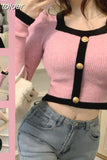 Cropped Pullovers Women Y2k Tops Square Collar Puff Sleeve Tunic Sueter Mujer Pull Femme Fashion Knitted Sweater