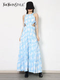Casual Print Colorblock Cut Out Dress For Women Round Neck Sleeveless High Waist Loose Long Dresses Female