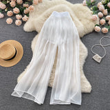 Solid Fashion Mesh Women Pants Summer 2022 Zipper Casual Elegant Vacation Long Wide Leg