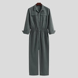 Men Jumpsuit Long Sleeve Solid Pockets Button Cargo Overalls Streetwear Elastic Waist Chic Mens Rompers Pants