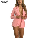 Women Fashion Long Balzer Jacket and Belt Mini Shorts Two Piece Co Ords Suit Elegant Office Lady Matching Pink Outfit Sexy