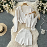 Fashion Solid Women Knit Suits Single Breasted V Neck Cardigan+Mini Camis+Slim Short Pants Sweater Three Piece