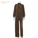 Causal Loose Home Suit Autumn Long Sleeve Blouse With High Wasit Pants Set Women Elegant Pleated Beige 2 Piece Pant