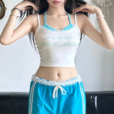 Wears Maiden Lace Spliced Pleated Sling Vest Summer Letter Printed Small Fresh Blouse-Outfit