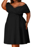 Sweet Off-the-shoulder Short Sleeves Solid Belted Midi A-line Plus Size Party