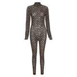 Leopard Print Mesh Skinny Jumpsuit Women One Shoulder Sleeveless Patchwork Fitness Party Activewear Basic Wild Female
