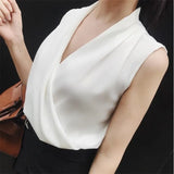 Spring Women Deep V-Neck Shirt Pure Color Tops Female Rayon Sleeveless Elegant Office Lady