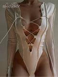 Lace Up Bandage Sexy Bodysuit for Women Overalls Fashion Outfit Long Sleeve Skinny Tops One Piece Bodysuit