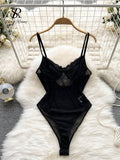 Summer Lace Sexy Bodysuits Women V Neck Strap Black Palysuits French Ladies Fashion Bodycon Slim