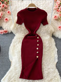 Version Of The Solid Color Collar Buckle Body Short Sleeve Elastic Knitted Forked And Left-Sleeved Dress