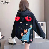 Autumn Winter New Hoodies Women Korean Plus Velvet Thick Hooded Jackets Women Student Loose Cartoon Calf Horn Kawaii