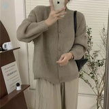 Collar Solid Color Knitted Button Cardigan Women's Long Sleeved Autumn New Style Loose Lazy Casual Sweater Jacket-Outfit