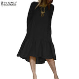 Dress Holiday Summer ZANZEA Short Sleeve Sundress Solid Casual Kaftan Ruffles Loose Vestidos Pockets O-Neck Robe