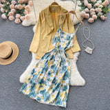 Autumn Women Floral Dress Suits Print Strap Dress+ Long Sleeves Loose Blazer Sets Office Lady Jackets Two Pieces