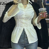 Y2K Button Crop Top Ruched Full Sleeve T Shirt Turn Down Collar Retro Elegant Cardigans Women Corset Tee Korean