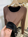 Plush Underwear With White Bottomed T-Shirt With Low Round Neck And Long Sleeves In Autumn And Winter Integrated Velvet Warm Blouse-Outfit