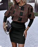 Independent Station Autumn New Fashion Printed Waist Round Collar Long-Sleeved Dress-Outfit