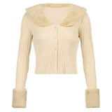 Autumn Thin Furry Knitted Cardigan Sweater Women Vintage Elegant Chic Jumper Ladies Fashion Patchwork Knitwear