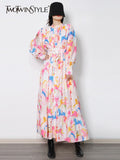 Print Floral Dress For Women Stand Collar Long Sleeve High Waist Colorblock Midi Dresses Female Fashion Clothes