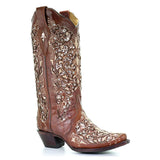 Women Autumn Winter Glitter Inlay and Crystals Boots Pointed Toe Retro Thick Heel Western Boots Shoes Elegant White Knee