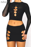 Autumn Sexy Mesh Sheer 2 Two Piece Set Club Outfit For Women 2023 Long Sleeve Crop Top And Skirt Set Female Matching
