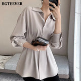 Stylish Chic Turn-down Collar Women Chiffon Shirts Elegant Single-breasted Slim Waist Female Solid Blouses Tops