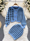 Fashion Plaid Knitted Two Pieces Suits Long Sleeve Short Sweater Cardigan+Mini Bodycon Dress Streetwear Autumn