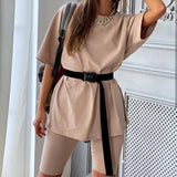 Biker Shorts Tracksuit 2 Pieces Set Female Solid Sets With Belt Half Sleeve 2021 Summer Streetwear Loose Casual New