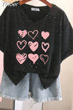 100% Cotton L-6XL T Shirt Plus Size Tshirt Short Sleeve Women Top Summer Heart Print Sweet V Neck Oversized T
