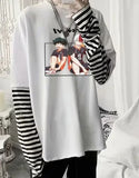 Sleeve Harajuku T-Shirt Women'S Stitching Long Sleeve T-Shirt Stripe Printing O-Neck Chic Tops 2022 Summer