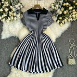 Retro-Necked Short-Sleeved Striped Knitted Dress Female Waist Temperament Thin A-Word
