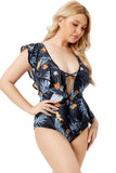 High-Leg Plunge Neck Floral Print Ruffles Plus Size One Piece