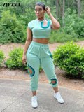 Out Asymmetrical Shape Two Piece Pant Sets Active Women Short Sleeve Bandage Crop Top and Drawstring Waist Workout