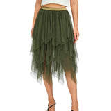 Women Midi Skirts Summer Contrast Color/Solid Color Elastic High Waist Irregular Ruffles Multi-Layered Tulle Tutu Skirts-Outfit
