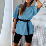Biker Shorts Tracksuit 2 Pieces Set Female Solid Sets With Belt Half Sleeve 2021 Summer Streetwear Loose Casual New
