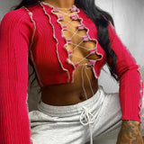 8 Colors Sexy Hollow Out Women Long Sleeve Crop Tops Striped Patchwork Drawstring Ribbed Bandage Fitness