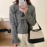Spring And Autumn New Korean Solid Color Round Neck Bowknot Sweater Women's Fashion Soft Glutinous Warm Style Knitted Cardigan-Outfit