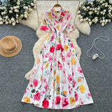 Elegant Dress Women Fashion Nail Ball Collar Hollow Pressure Folding Lantern Sleeves To Print Long