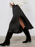 Elegant Slit Black Satin Skirts Women Spring 2023 Flowing Button Skirts Zipper Office Ladies A-Line Chic Dress