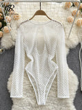 Sexy White Mesh Bodysuits Perspective Hollow Out Long Sleeves Jumpsuit Slim O Neck Blouse Transparent Plaid