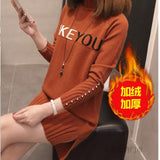 Knit Sweater Pullover NEW Autumn Winter Clothes Half Turtleneck Long-sleeved Bead Medium long Jumper Sweater Female