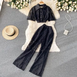Women Lace Two Piece Set Spring Summer Elegant Turn-Down Collar Single Breasted Short Tops + High Waist Wide Leg Pants Suits