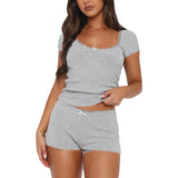 Women's Y2K Two Pieces Pajama Sets Lace Trim Bow Short Sleeve Square Neck T-shirt with Shorts Sleepwear Loungewear-Outfit
