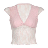 Girl Feeling Lace Bow Stitching Small Sexy V-Collar Perspective Color Slim Flying Sleeve T-Shirt 2024-Outfit
