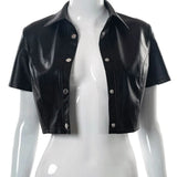 Black PU Leather Button Up Short Sleeve Crop Top T Shirt Women Fashion 2021 Streetwear Vintage