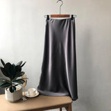 Women's High Waist Side Slit Hems Maxi Satin Skirt Elastic Waist Long