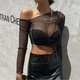 Color Sparkly Hollow Mesh Slant Shoulder Irregular Collar Sexy Women Crop Top-Outfit